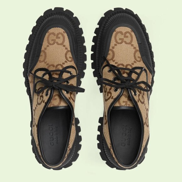 GUCCI SHOES MENS MAXI GG CANVAS LACE-UP LOAFERS w LUG SOLE - Picture 4 of 15